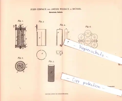 original Patent - Jules Cerpaux und Amèdèè Wilbaux in Brüssel , 1898 , Galvanische Batterie !!!