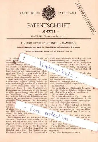 original Patent - Eduard Richard Steiner in Hamburg , 1891 , Notenblattwender !!!