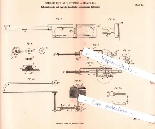 original Patent - Eduard Richard Steiner in Hamburg , 1891 , Notenblattwender !!!