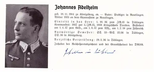 Personalkarte Wehrmacht - Johannes Adelhelm in Reutlingen , Königsberg , NSDAP , Arzt !!!