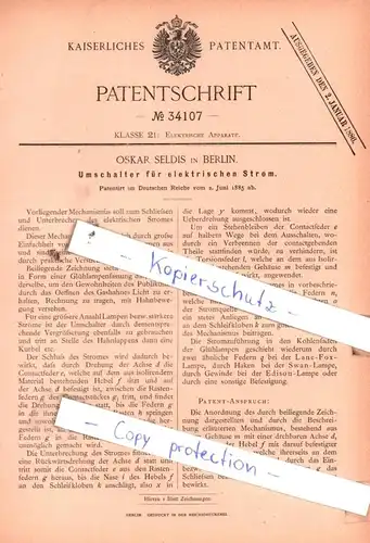 original Patent - Oskar Seldis in Berlin , 1885 , Umschalter für elektrischen Strom !!!