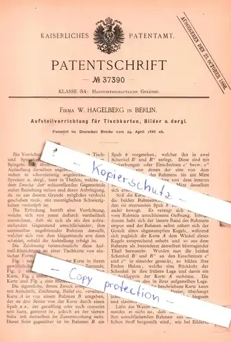 original Patent - Firma W. Hagelberg  in Berlin , 1886 , Aufstellvorrichtung für Tischkarten, Bilder u. dergl. !!!