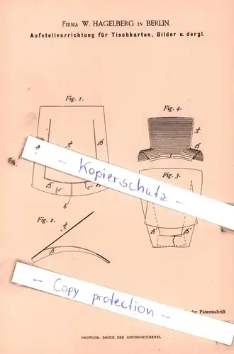 original Patent - Firma W. Hagelberg  in Berlin , 1886 , Aufstellvorrichtung für Tischkarten, Bilder u. dergl. !!!