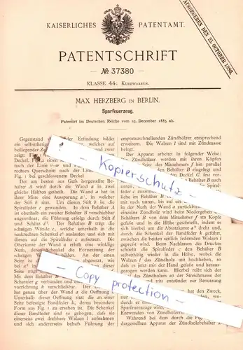 original Patent - Max Herzberg in Berlin , 1885 , Sparfeuerzeug !!!