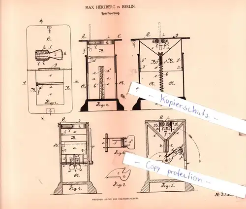 original Patent - Max Herzberg in Berlin , 1885 , Sparfeuerzeug !!!