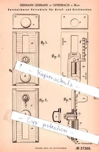 original Patent - Hermann Lehmann in Offenbach a. Main , 1886 , Verstellbarer Verschluß für Brief- und Geldtaschen !!!