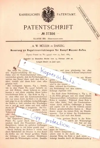 original Patent - A. W. Müller in Danzig , 1886 , Neuerung an Regulirvorrichtungen für Dampf-Wasser-Oefen !!!