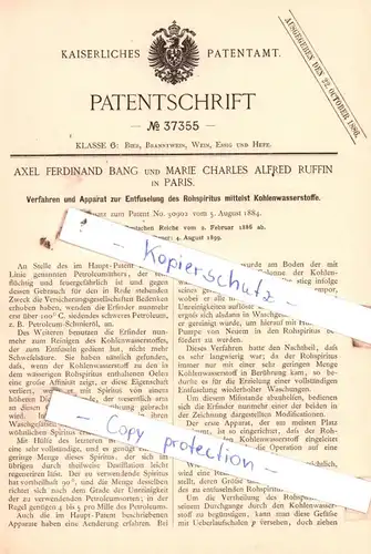 original Patent - A. F. Bang und M. C. A. Ruffin in Paris , 1886 , Apparat zur Entfuselung des Rohspiritus !!!