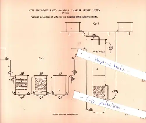 original Patent - A. F. Bang und M. C. A. Ruffin in Paris , 1886 , Apparat zur Entfuselung des Rohspiritus !!!