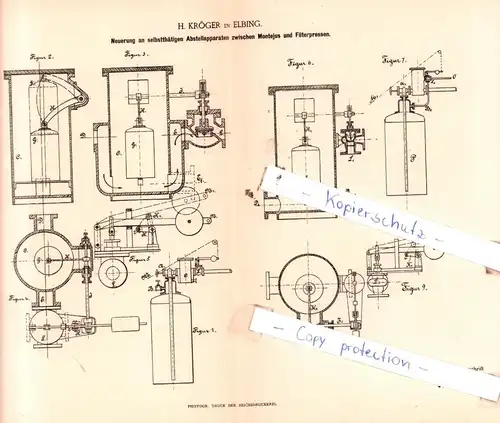 original Patent -  H. Kröger in Elbing , 1885 , Neuerung an Abstellapparaten zwischen Montejus und Filterpressen !!!