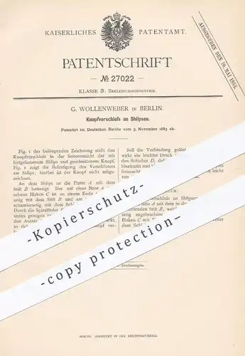 original Patent - G. Wollenweber , Berlin , 1883 , Knopfverschluss am Schlips , Krawatte , Krawatten | Schneider , Mode