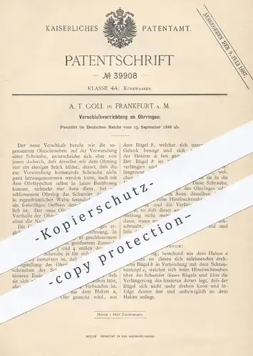 original Patent - A. T. Goll , Frankfurt  Main , 1886 , Verschluss am Ohrring | Ohrringe , Ringe , Schmuck , Goldschmied