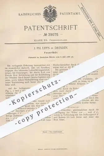 original Patent - J. Ph. Lipps , Dresden , 1886 , Feuertür | Feuer - Tür | Feuerung , Ofen , Öfen, Ofenbauer , Heizung