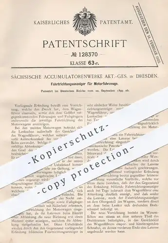 original Patent - Sächsische Akkumulatorenwerke AG , Dresden , 1899 , Anzeige der Fahrtrichtung am Motorfahrzeug | Licht