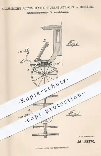 original Patent - Sächsische Akkumulatorenwerke AG , Dresden , 1899 , Anzeige der Fahrtrichtung am Motorfahrzeug | Licht