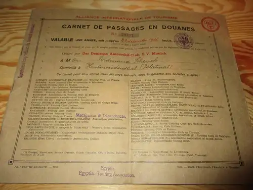 DDAC München , 1936 , Steyr Fahrausweis , F. Schenck in Hinterweidenthal b. Hauenstein , Ausweis , Automobile , Egypt !!