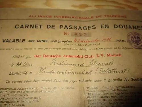 DDAC München , 1936 , Steyr Fahrausweis , F. Schenck in Hinterweidenthal b. Hauenstein , Ausweis , Automobile , Egypt !!