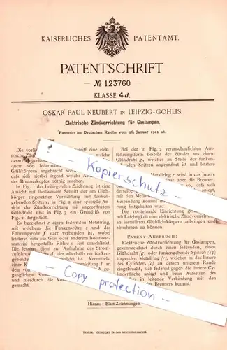 original Patent - Oskar Paul Neubert in Leipzig-Gohlis , 1901 , Elektrische Zündvorrichtung für Gaslampen !!!