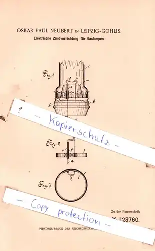 original Patent - Oskar Paul Neubert in Leipzig-Gohlis , 1901 , Elektrische Zündvorrichtung für Gaslampen !!!