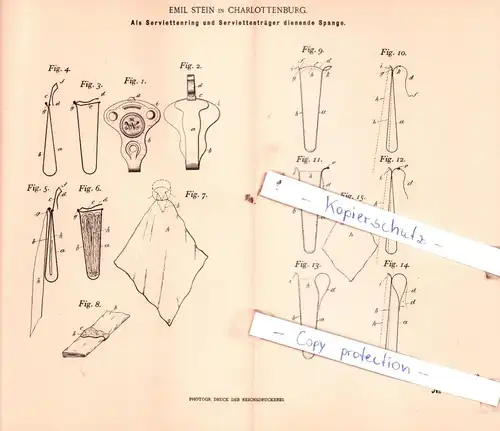 original Patent - Emil Stein in Charlottenburg , 1900 ,  Als Serviettenring und Serviettenträger dienende Spange !!!