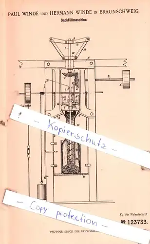 original Patent - Paul und Hermann Winde in Braunschweig , 1900 , Sackfüllmaschine !!!