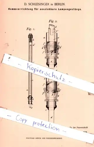 original Patent - D. Schlesinger in Berlin , 1898 ,  Hemmvorrichtung für Lampengestänge !!!