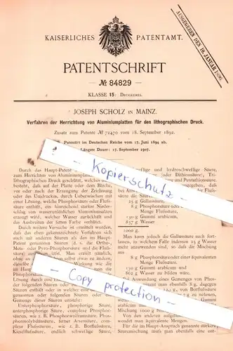 original Patent - Joseph Scholz in Mainz , 1894 , Verfahren zur Herrichtung von Aluminiumplatten !!!