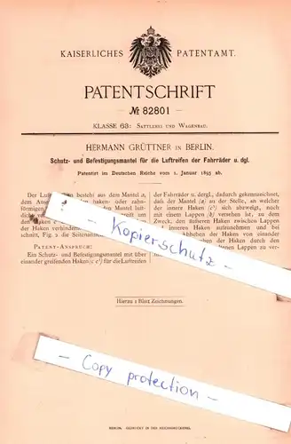 original Patent - Hermann Grüttner in Berlin , 1895 , Reifen für Fahrrad , Sattlerei und Wagenbau !!!