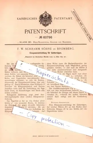 original Patent - F. W. Schramm Söhne in Bromberg , 1891 , Einspannvorrichtung für Gattersägen !!!
