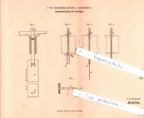 original Patent - F. W. Schramm Söhne in Bromberg , 1891 , Einspannvorrichtung für Gattersägen !!!