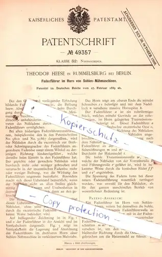 original Patent - T. Heese in Rummelsburg bei Berlin , 1889 , Fadenführer im Horn von Sohlen-Nähmaschinen !!!