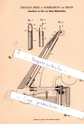 original Patent - T. Heese in Rummelsburg bei Berlin , 1889 , Fadenführer im Horn von Sohlen-Nähmaschinen !!!