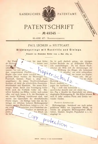original Patent - Paul Lechler in Stuttgart , 1889 , Dichtungsringe mit Randrille und Einlage !!!