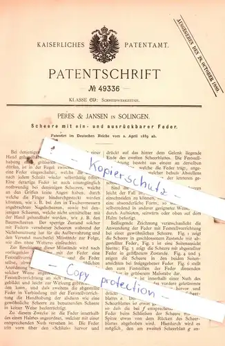 original Patent - Peres & Jansen in Solingen , 1889 , Scheere mit Feder !!!