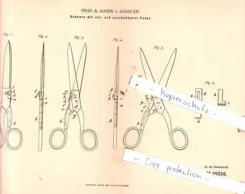 original Patent - Peres & Jansen in Solingen , 1889 , Scheere mit Feder !!!