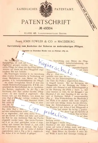 original Patent - Firma John Fowler & Co. in Magdeburg , 1889 ,  Landwirthschaftliche Geräthe !!!