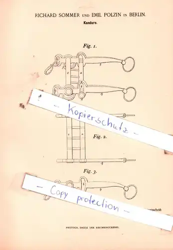 original Patent - Richard Sommer und Emil Polzin in Berlin , 1895 , Kandare , Pferdegeschirr !!!