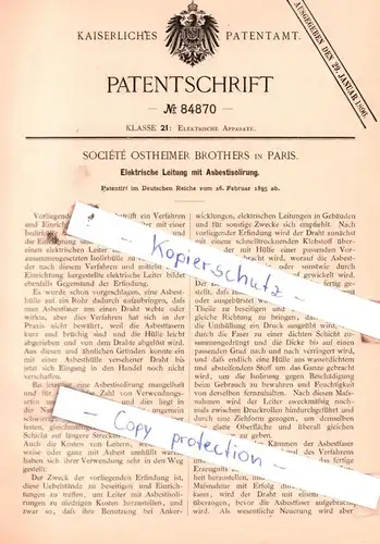 original Patent - Sociètè Ostheimer Brothers in Paris , 1895 , Elektrische Leitung mit Asbestisolirung !!!