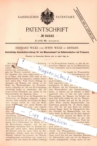 original Patent -  R und E. Wicke in Dresden , 1895 , Selbstthätige Ausschaltvorrichtung für den Münzeinwurf !!!