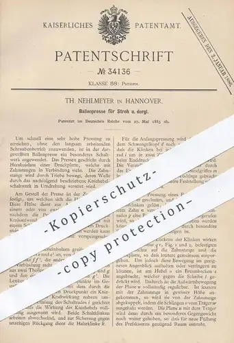 original Patent - Th. Nehlmeyer , Hannover , 1885 , Ballenpresse für Stroh , Heu | Presse , Pressen , Landwirtschaft !!