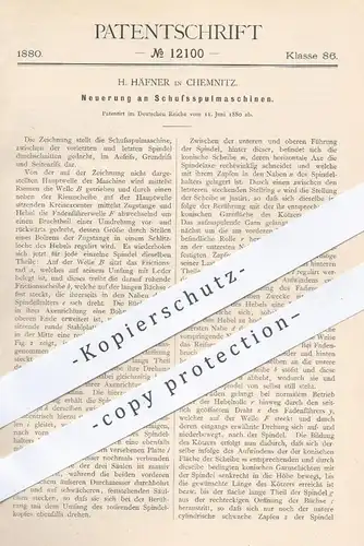 original Patent - H. Häfner , Chemnitz , 1880 , Schussspulmaschine | Spulmaschine , Spindel , Weben , Weberei , Weber !