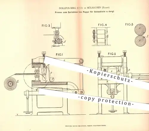 original Patent - Dollfus Mieg & Co. , Mülhausen / Elsass 1878 , Pressen von Pappe , Karton , Schachteln | Papierfabrik