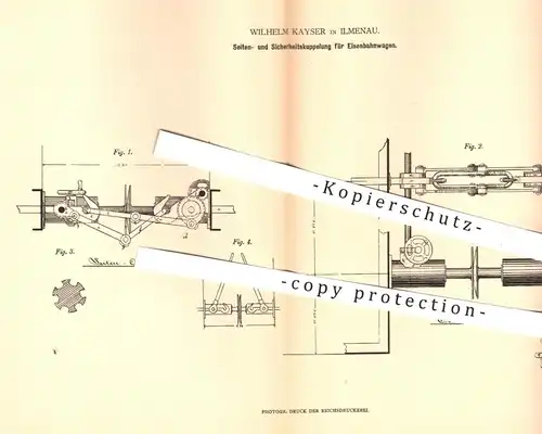 original Patent - Wilhelm Kayser , Ilmenau  1879 , Seiten- u. Sicherheitskupplung für Eisenbahnen | Kupplung , Eisenbahn