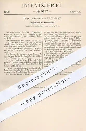 original Patent - Karl Lilienfein , Stuttgart  1878 , Ölgaslampe mit Rundbrenner | Brenner , Öl , Lampe , Gas , Gaslampe