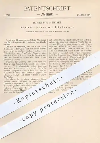 original Patent - H. Rietsch , Neisse 1879 , Kleiderrechen mit Läutewerk , Glocke | Kleidung , Garderobe , Kleiderhaken
