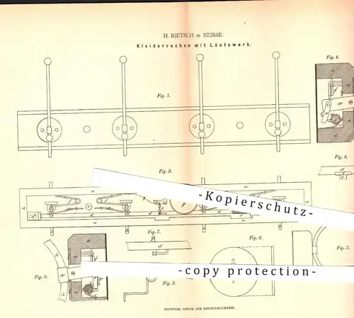 original Patent - H. Rietsch , Neisse 1879 , Kleiderrechen mit Läutewerk , Glocke | Kleidung , Garderobe , Kleiderhaken