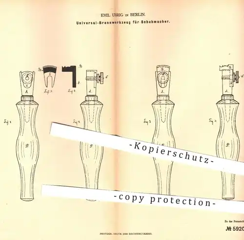 original Patent - Emil Ubrig , Berlin , 1878 , Brennwerkzeug für Schuhmacher , Schuster | Schuhe , Schuhwerk , Stiefel