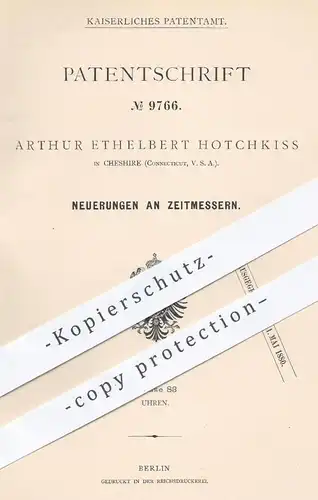original Patent - Arthur Ethelbert Hotchkiss in Cheshire , Connecticut , USA , 1879 , Zeitmesser | Uhr , Uhren , Uhrwerk