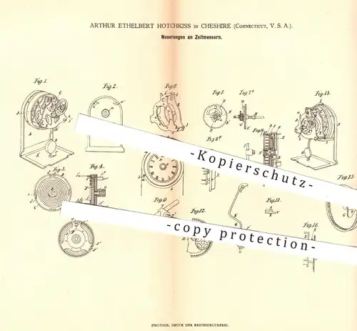 original Patent - Arthur Ethelbert Hotchkiss in Cheshire , Connecticut , USA , 1879 , Zeitmesser | Uhr , Uhren , Uhrwerk