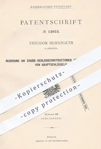 original Patent - Theodor Hornhauer in Dresden , 1880 , Chubb - Schlosskonstruktion | Schloss , Türschloss , Schlüssel !